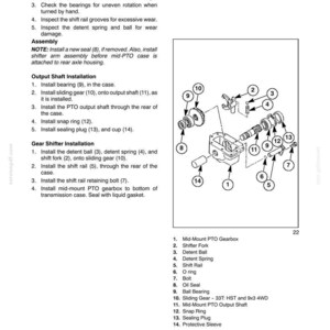 May include: Diagram of a power take-off (PTO) system with numbered parts, including a gearbox, shift fork, detent ball, and sliding gear. Text provides installation instructions and part descriptions.