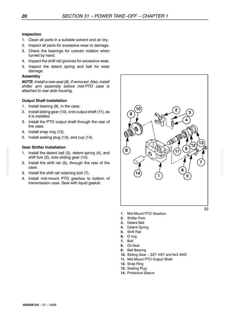 May include: Diagram of a power take-off (PTO) system with numbered parts, including a gearbox, shift fork, detent ball, and sliding gear. Text provides installation instructions and part descriptions.