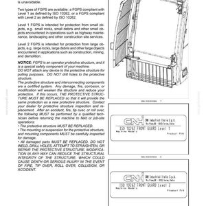 May include: Diagram of a Front Guard Protective System for machinery, with text detailing its purpose and safety instructions. Includes diagrams of the guard and labels for Level 1 and Level 2 models.
