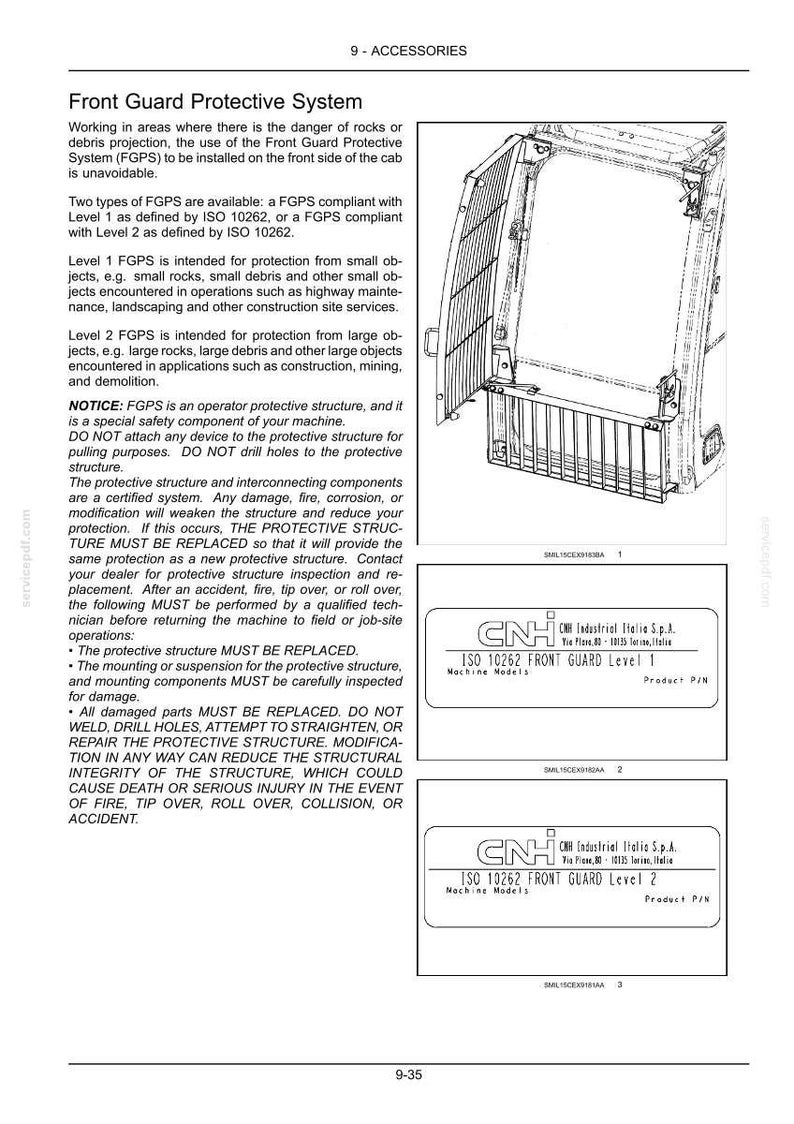 May include: Diagram of a Front Guard Protective System for machinery, with text detailing its purpose and safety instructions. Includes diagrams of the guard and labels for Level 1 and Level 2 models.
