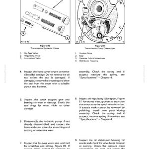Op de afbeelding: Diagrammen van hydraulische kleppen en pompaansluitingen van de transmissie. Figuur 80 toont een by-passklep, regelklep en smeerklep. Figuur 81 toont een zuigbuis, afdichting, drukleidingaansluitingen en een verdelerhuis.