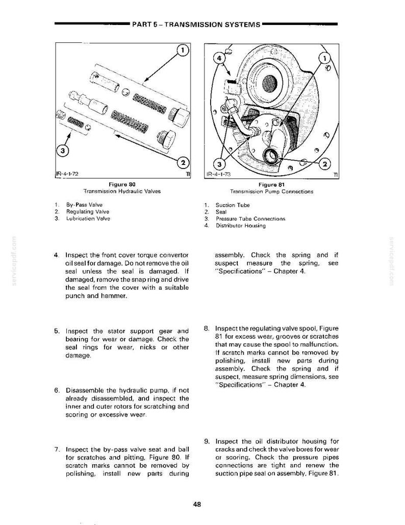 Op de afbeelding: Diagrammen van hydraulische kleppen en pompaansluitingen van de transmissie. Figuur 80 toont een by-passklep, regelklep en smeerklep. Figuur 81 toont een zuigbuis, afdichting, drukleidingaansluitingen en een verdelerhuis.