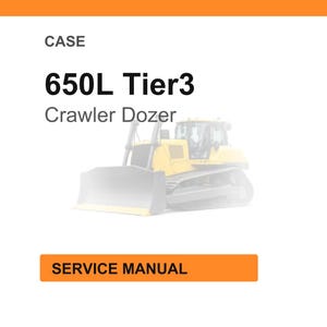 May include: A white background with an orange header and footer. The text "CASE" is at the top, followed by "650L Tier3 Crawler Dozer". A faded image of a yellow crawler dozer is in the center. The text "SERVICE MANUAL" is in an orange box at the bottom.