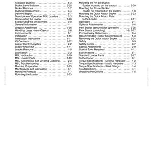 May include: A black and white document page titled INDEX, listing technical manual sections for loader equipment. Topics include Available Buckets, Mounting the Loader, Operation, Safety, Maintenance, and Torque Specifications with page numbers.