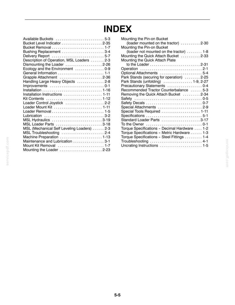 May include: A black and white document page titled INDEX, listing technical manual sections for loader equipment. Topics include Available Buckets, Mounting the Loader, Operation, Safety, Maintenance, and Torque Specifications with page numbers.