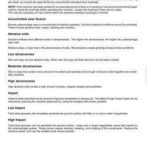 May include: A white document with black text detailing working operations, including abrasive soils, impact, and low/high impact scenarios. The document is titled "6 - WORKING OPERATIONS."
