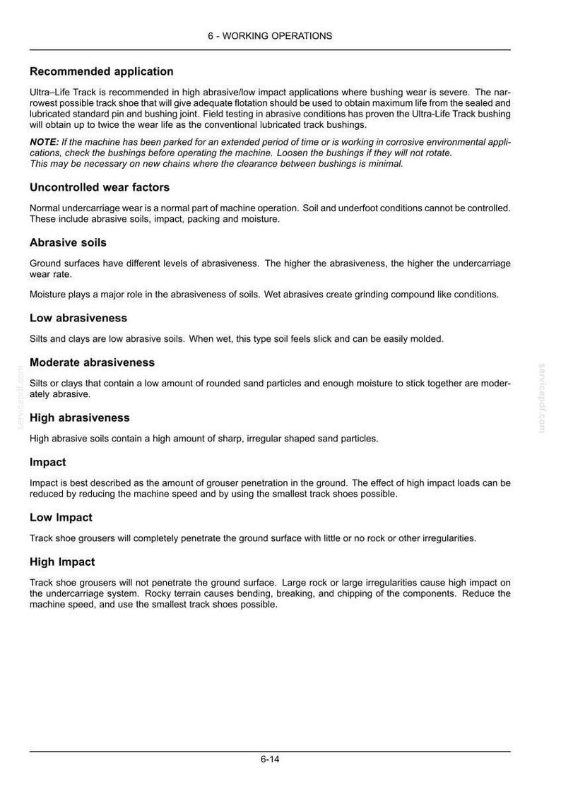May include: A white document with black text detailing working operations, including abrasive soils, impact, and low/high impact scenarios. The document is titled "6 - WORKING OPERATIONS."