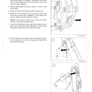 May include: Diagram of a machine with arrows pointing to various components. The text describes working operations, including installing a clevis hook, attaching a sling, and raising the front wheels 1-2 inches off the ground.