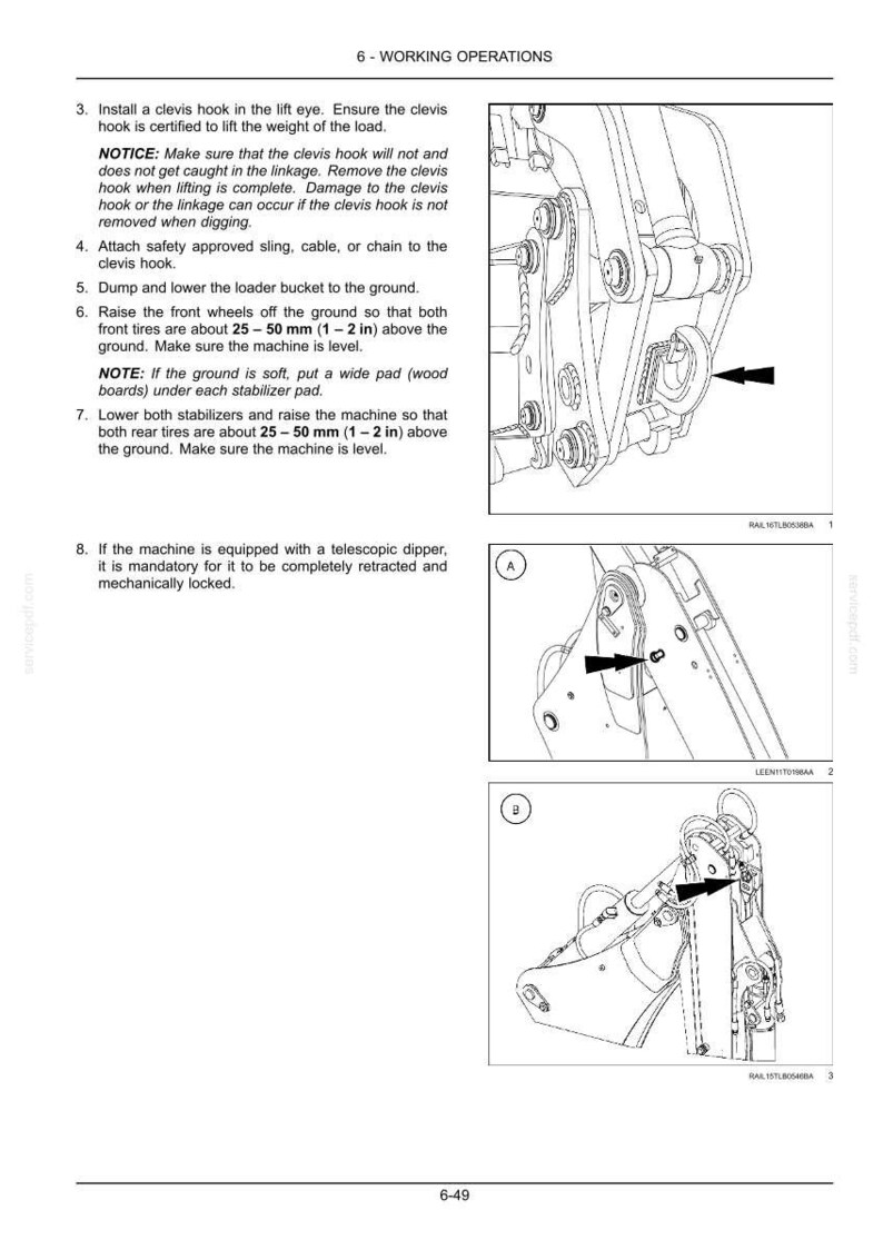 May include: Diagram of a machine with arrows pointing to various components. The text describes working operations, including installing a clevis hook, attaching a sling, and raising the front wheels 1-2 inches off the ground.