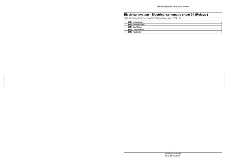 May include: A white schematic diagram titled "Electrical system - Electrical schematic sheet 04 (Relays)". The diagram includes a table with relay types: ignition, vehicle safety, start, crank sensor, and fleet.