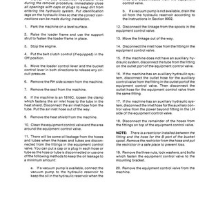 May include: A white page with the title "REMOVAL" and numbered instructions for removing parts from a machine. The text includes safety notes and steps for disconnecting hoses and valves.