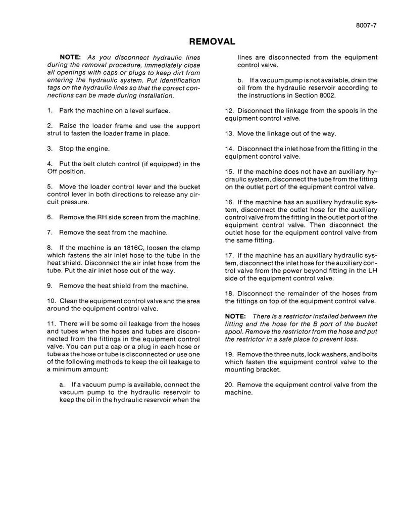 May include: A white page with the title "REMOVAL" and numbered instructions for removing parts from a machine. The text includes safety notes and steps for disconnecting hoses and valves.