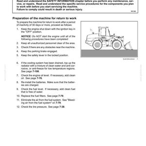 May include: Page from a maintenance manual with instructions for preparing a machine for return to work after storage. Includes a diagram of the machine and safety warnings. Text includes steps to ensure safe operation.