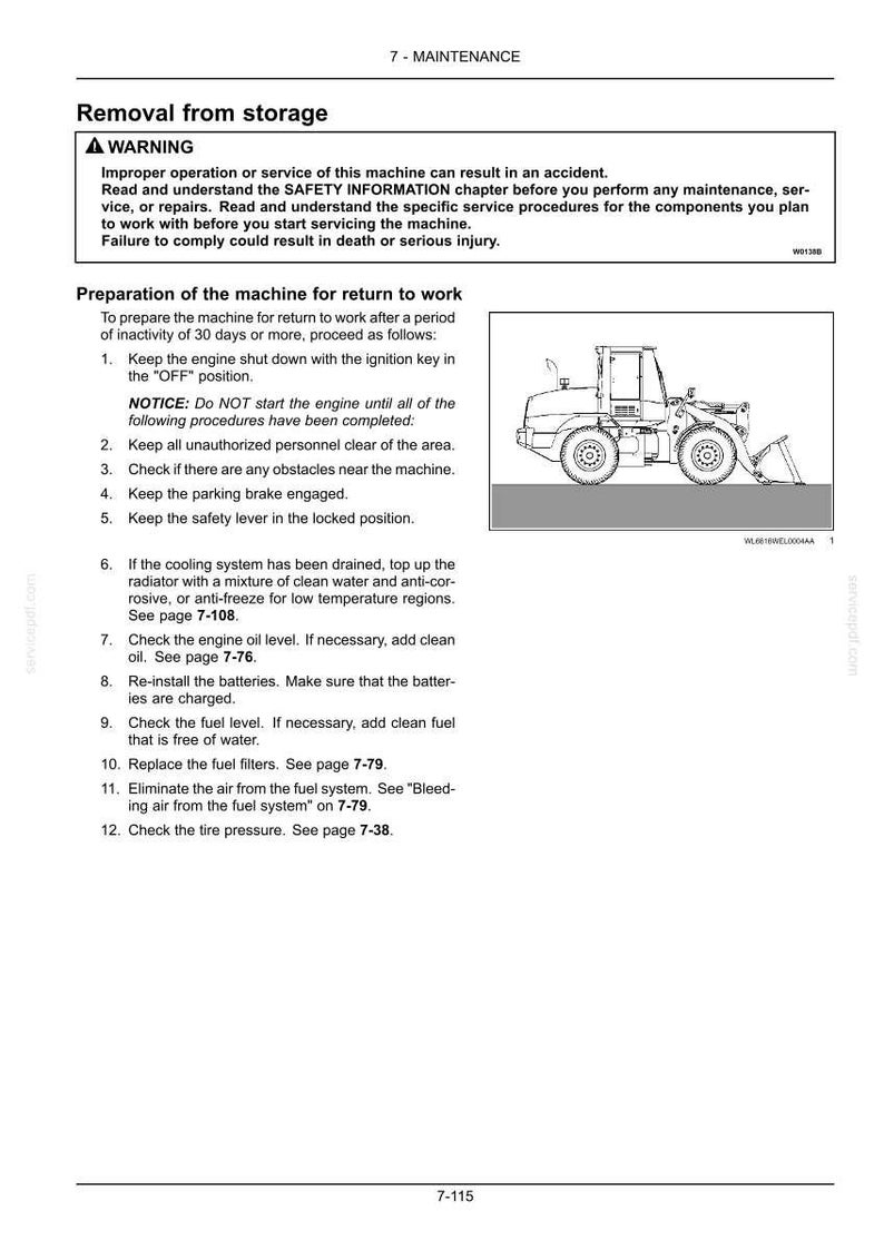 May include: Page from a maintenance manual with instructions for preparing a machine for return to work after storage. Includes a diagram of the machine and safety warnings. Text includes steps to ensure safe operation.