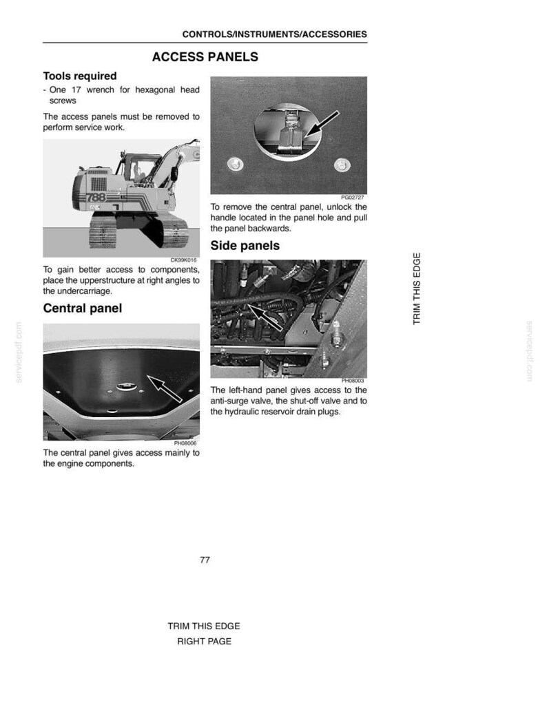 May include: A page from a manual detailing access panels for machinery. The text includes instructions for removing panels, with diagrams showing central and side panel locations. Tools required include a 17 wrench for hexagonal head screws.