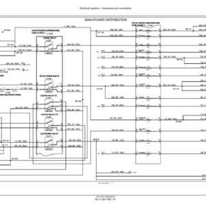 May include: Diagram of an electrical system, showing harnesses and connectors. The diagram includes labels for main power distribution, fuse blocks, relays, and various electrical components. The text is in black on a white background.
