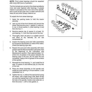 May include: A technical manual page titled SECTION 3 - LUBRICATION AND MAINTENANCE, detailing front wheel bearing procedures for two-wheel drive vehicles. It includes numbered instructions and an exploded view diagram of wheel assembly components.