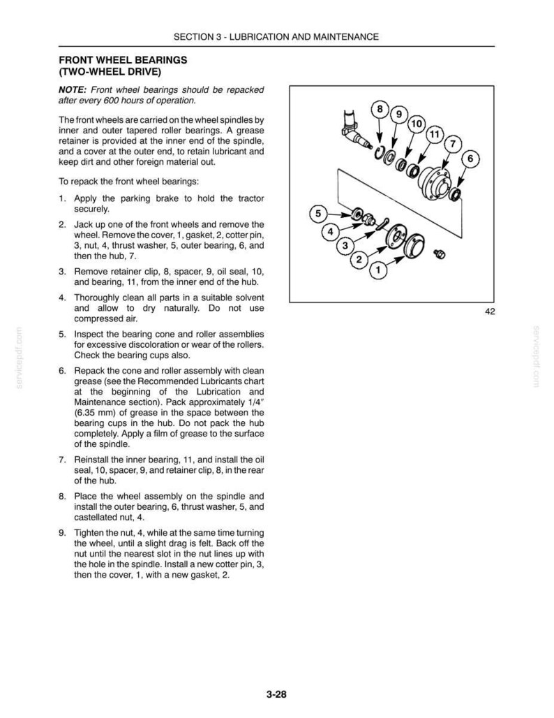 May include: A technical manual page titled SECTION 3 - LUBRICATION AND MAINTENANCE, detailing front wheel bearing procedures for two-wheel drive vehicles. It includes numbered instructions and an exploded view diagram of wheel assembly components.