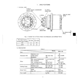Puede incluir: Un diagrama t&eacute;cnico de un motor de traslaci&oacute;n GM17V-II con unidad de reducci&oacute;n y v&aacute;lvula de freno. La imagen muestra una vista lateral y frontal del componente mec&aacute;nico con puertos etiquetados, una tabla de direcci&oacute;n y una tabla de especificaciones.