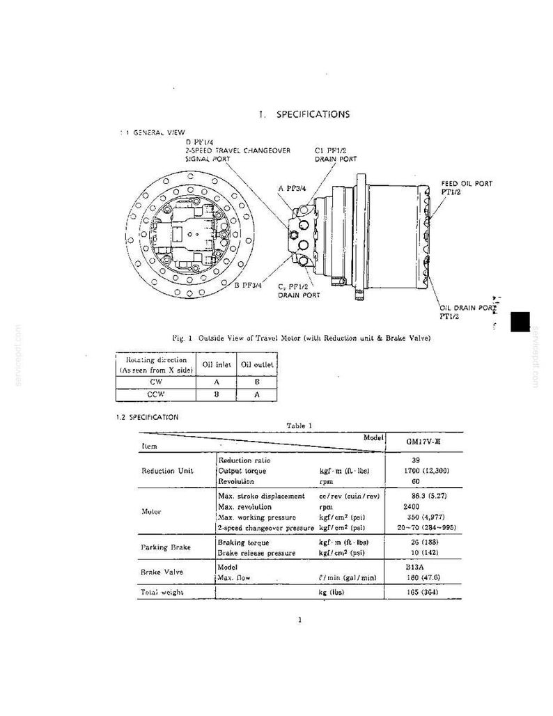 Puede incluir: Un diagrama t&eacute;cnico de un motor de traslaci&oacute;n GM17V-II con unidad de reducci&oacute;n y v&aacute;lvula de freno. La imagen muestra una vista lateral y frontal del componente mec&aacute;nico con puertos etiquetados, una tabla de direcci&oacute;n y una tabla de especificaciones.