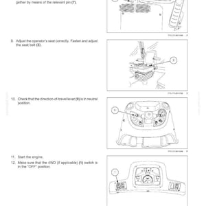May include: Diagram of transport operations with numbered steps and illustrations. Includes instructions for cleaning license plates, locking doors, adjusting the seat, and checking the direction-of-travel lever. The text also includes instructions for starting the engine and the 4WD switch.