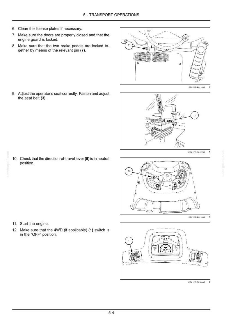 May include: Diagram of transport operations with numbered steps and illustrations. Includes instructions for cleaning license plates, locking doors, adjusting the seat, and checking the direction-of-travel lever. The text also includes instructions for starting the engine and the 4WD switch.