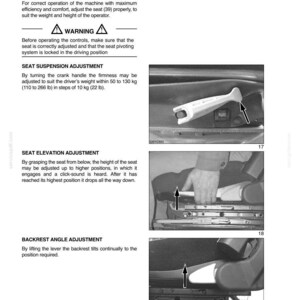 Może przedstawiać: Strona z instrukcji technicznej zatytułowana SECTION 2 - CONTROLS/INSTRUMENTS/ACCESSORIES, szczeg&oacute;łowo opisująca regulację fotela operatora. Zawiera instrukcje tekstowe oraz trzy czarno-białe zdjęcia przedstawiające korbę, wysokość siedziska i dźwignię oparcia.