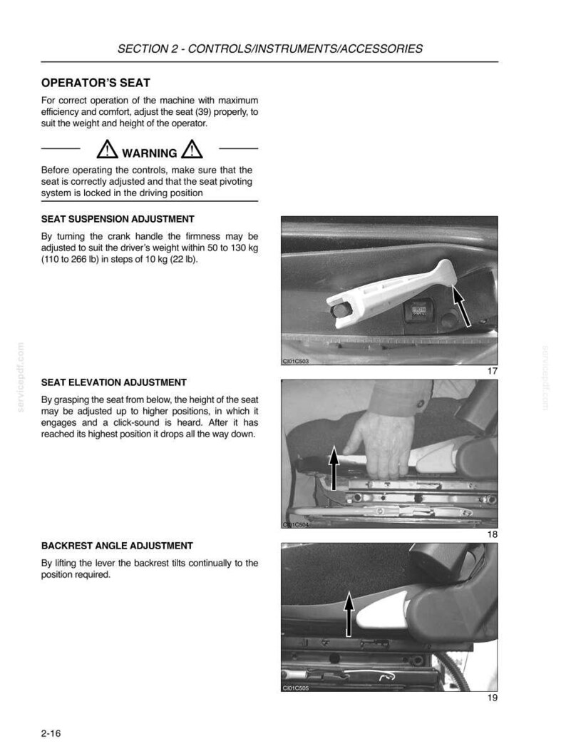 Może przedstawiać: Strona z instrukcji technicznej zatytułowana SECTION 2 - CONTROLS/INSTRUMENTS/ACCESSORIES, szczeg&oacute;łowo opisująca regulację fotela operatora. Zawiera instrukcje tekstowe oraz trzy czarno-białe zdjęcia przedstawiające korbę, wysokość siedziska i dźwignię oparcia.