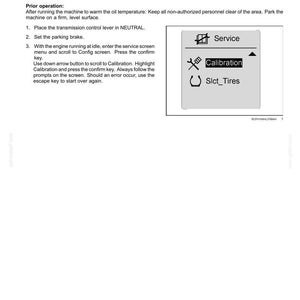 Pu&ograve; includere: Una pagina di manuale tecnico intitolata 7-MAINTENANCE con istruzioni per la calibrazione del cambio. Include un elenco numerato di passaggi e un grafico che mostra uno schermo digitale con il testo Service, Calibration e Slct_Tires.