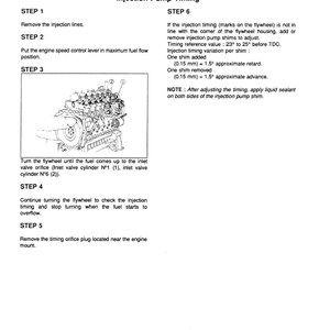 May include: A technical diagram titled "FUEL SYSTEM Injection Pump Timing" with instructions for engine maintenance. The image includes a detailed illustration of an engine component and step-by-step procedures for adjusting the injection pump timing.
