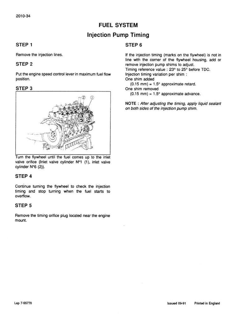 May include: A technical diagram titled "FUEL SYSTEM Injection Pump Timing" with instructions for engine maintenance. The image includes a detailed illustration of an engine component and step-by-step procedures for adjusting the injection pump timing.