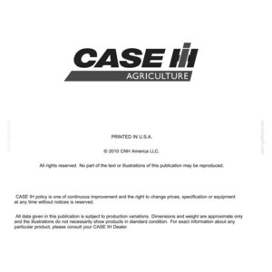 May include: A white document with the CASE IH AGRICULTURE logo in black and gray. The document includes text about technical publications and tools, printed in the U.S.A. and copyright information.