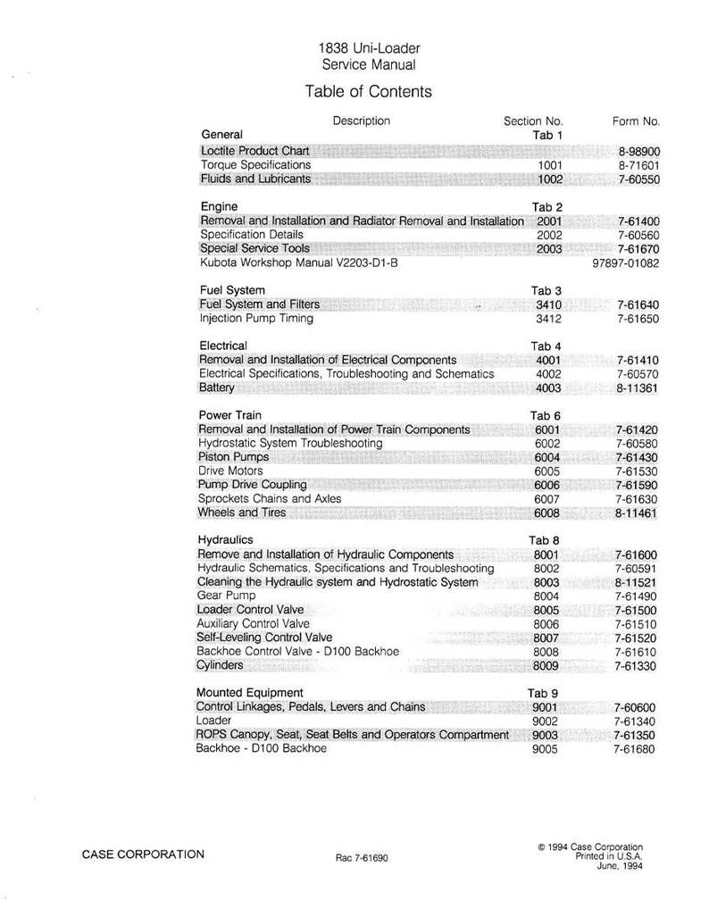 May include: A page from the 1838 Uni-Loader Service Manual, featuring a table of contents. The document lists sections on engine, fuel system, electrical, power train, hydraulics, and mounted equipment. The Case Corporation logo is at the bottom.