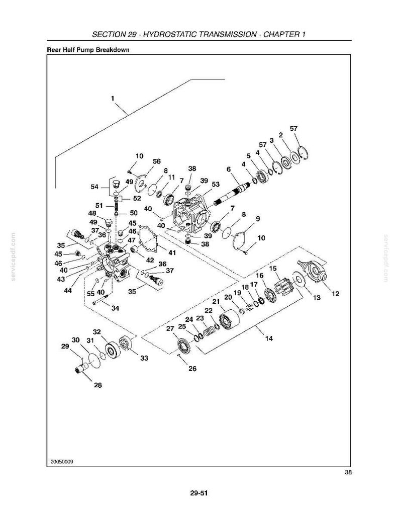 May include: An exploded diagram of a hydrostatic transmission system, labeled "Rear Half Pump Breakdown." The image is a technical illustration with various mechanical components, including gears, bolts, and housings, all numbered for reference. The diagram is in black and white.