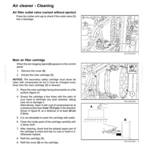 May include: A technical maintenance document page titled 7-MAINTENANCE featuring black and white line drawings of an air cleaner system. It includes instructions for cleaning the air filter outlet valve and main air filter cartridge with diagrams labeled 1, 2, 3, A, and B, referencing a pressure limit of 5 bar (72.5 psi) and a distance of 20 cm (7.9 in).