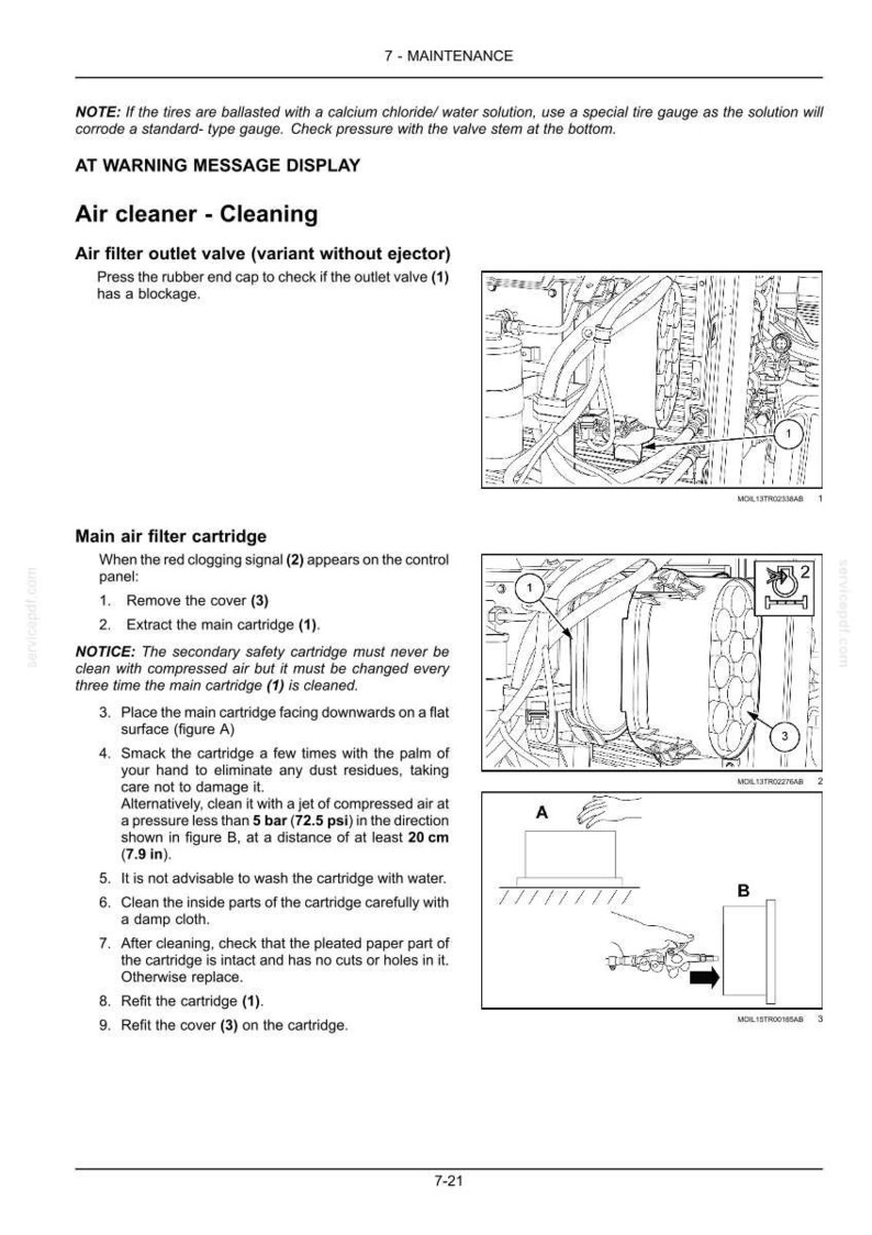 May include: A technical maintenance document page titled 7-MAINTENANCE featuring black and white line drawings of an air cleaner system. It includes instructions for cleaning the air filter outlet valve and main air filter cartridge with diagrams labeled 1, 2, 3, A, and B, referencing a pressure limit of 5 bar (72.5 psi) and a distance of 20 cm (7.9 in).