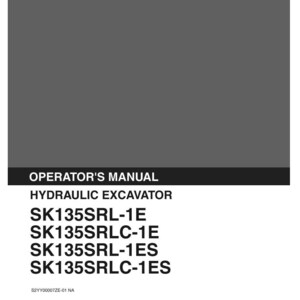 May include: A gray and white Kobelco operator's manual for a hydraulic excavator. The cover displays the text: OPERATOR'S MANUAL HYDRAULIC EXCAVATOR SK135SRL-1E, SK135SRLC-1E, SK135SRL-1ES, SK135SRLC-1ES, S2YY00007ZE-01 NA, Issued 10-2004, and serial numbers.