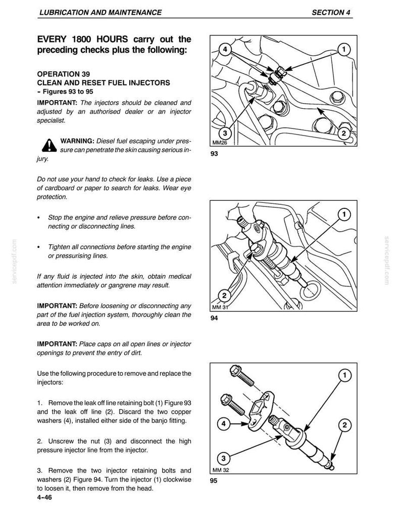 May include: A technical manual page titled Lubrication and Maintenance Section 4, detailing the procedure for cleaning and resetting fuel injectors. It includes safety warnings, numbered instructions, and three black-and-white line drawings labeled 93, 94, and 95 showing engine components and numbered parts for assembly reference.