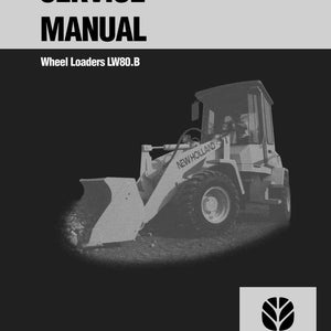 May include: A service manual for Wheel Loaders LW80.B. The cover features the text "SERVICE MANUAL" in bold, black letters. A grayscale image of a New Holland wheel loader is on the lower half of the cover. The New Holland Construction logo is in the lower right corner.