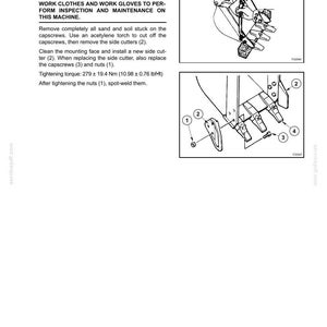 May include: Diagram of machine components with labels and instructions for replacing side cutters. Includes a warning about wearing safety gear. The text provides torque specifications in both Newton meters and foot-pounds.