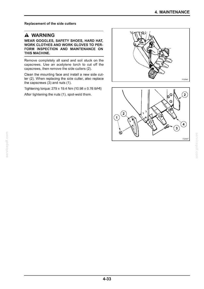 May include: Diagram of machine components with labels and instructions for replacing side cutters. Includes a warning about wearing safety gear. The text provides torque specifications in both Newton meters and foot-pounds.
