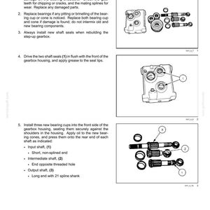 May include: Technical diagram illustrating a gearbox assembly, featuring labeled components such as shafts, seals, and bearing cups. The image provides detailed instructions for assembly and maintenance.