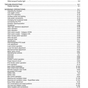 Op de afbeelding: Een zwart-wit gedrukte inhoudsopgavepagina uit een technische handleiding. De tekst bevat diverse onderwerpen over het onderhoud en de bediening van tractoren, zoals veiligheidsketting, probleemoplossing, werkzaamheden en PTO-bediening.