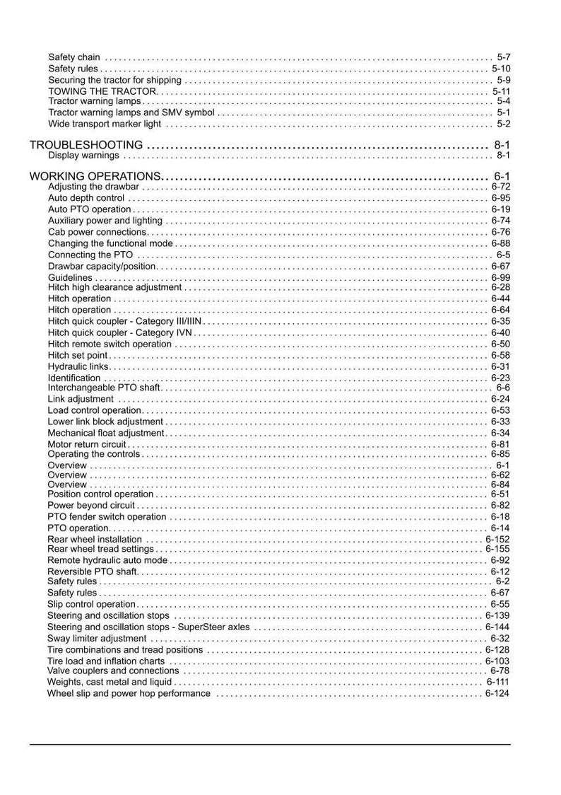 Op de afbeelding: Een zwart-wit gedrukte inhoudsopgavepagina uit een technische handleiding. De tekst bevat diverse onderwerpen over het onderhoud en de bediening van tractoren, zoals veiligheidsketting, probleemoplossing, werkzaamheden en PTO-bediening.