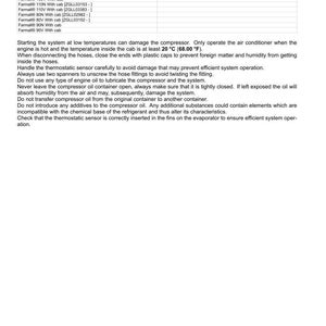 May include: A white document with the title "Note to the Owner WARNINGS FOR AIR CONDITIONING SYSTEM REPAIR OPERATIONS." The document provides instructions for air conditioning system repair, including temperature and oil handling guidelines.
