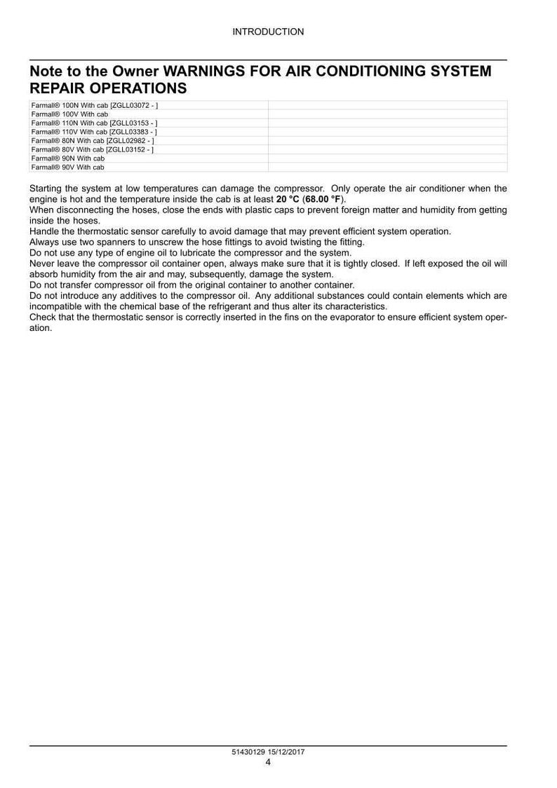 May include: A white document with the title "Note to the Owner WARNINGS FOR AIR CONDITIONING SYSTEM REPAIR OPERATIONS." The document provides instructions for air conditioning system repair, including temperature and oil handling guidelines.