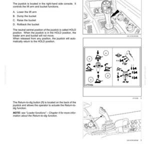 May include: A technical manual page titled 3-CONTROLS AND INSTRUMENTS featuring a joystick diagram. It includes illustrations of a joystick in a console, a control schematic with labels A, B, C, D, and a Return-to-dig button labeled 1.