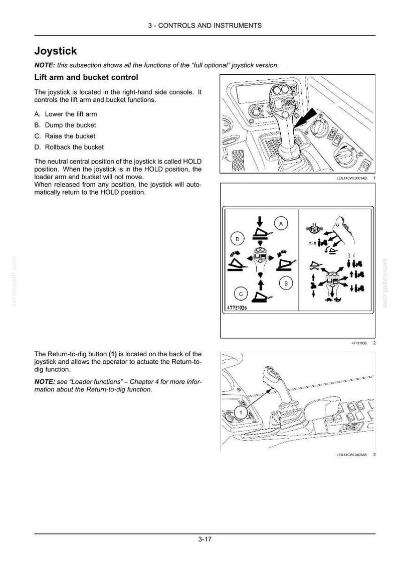 May include: A technical manual page titled 3-CONTROLS AND INSTRUMENTS featuring a joystick diagram. It includes illustrations of a joystick in a console, a control schematic with labels A, B, C, D, and a Return-to-dig button labeled 1.
