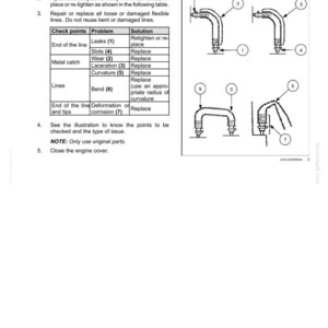May include: Diagram of fuel hoses with labels and a table detailing potential problems like leaks, wear, and curvature. The image provides instructions for checking and maintaining the hoses, including replacing damaged parts.
