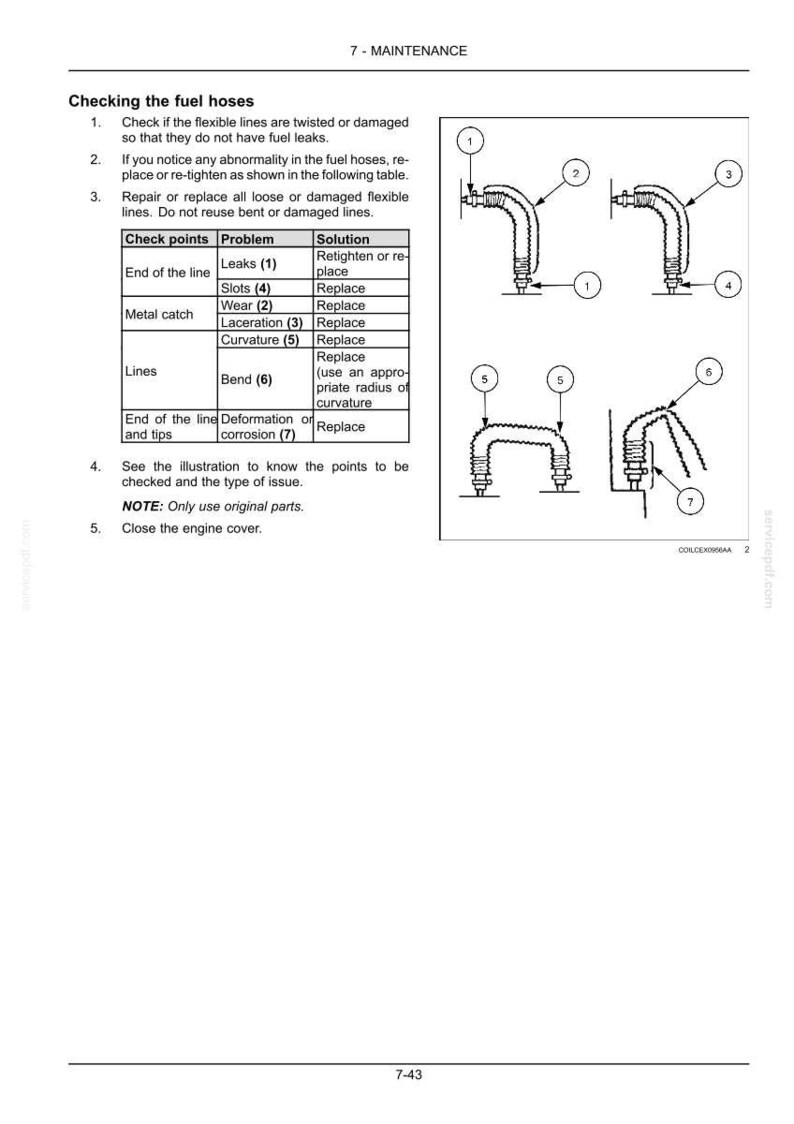 May include: Diagram of fuel hoses with labels and a table detailing potential problems like leaks, wear, and curvature. The image provides instructions for checking and maintaining the hoses, including replacing damaged parts.